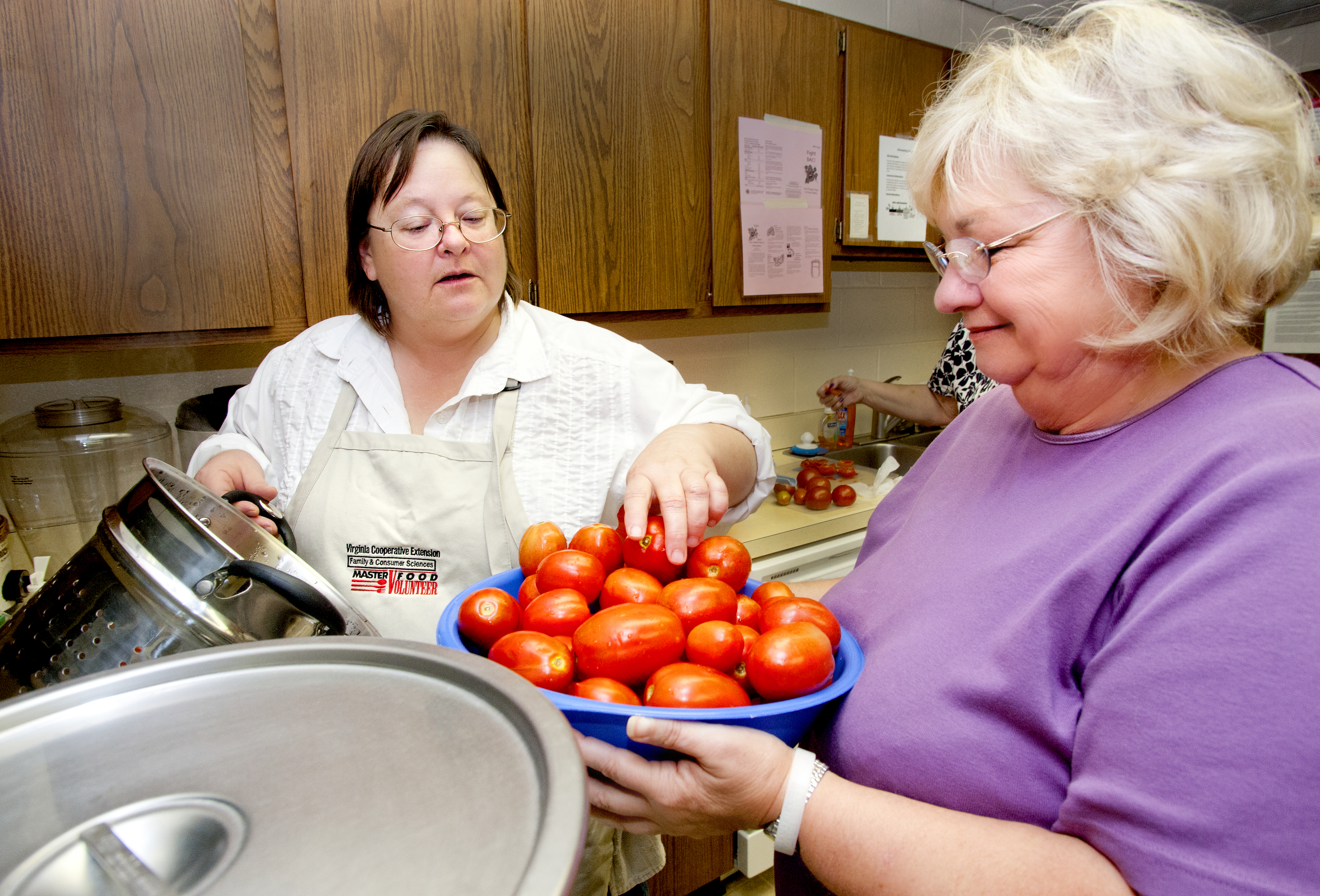 Floyd County Master Food Volunteer Rebecca Shannon teaches participants to safely roast and can tomatoes. 
