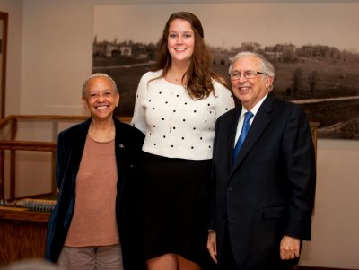 Alexandra Hill (center), shown here with Nikki Giovanni and Charles Steger, won second place in the 2015 Steger Poetry contest.