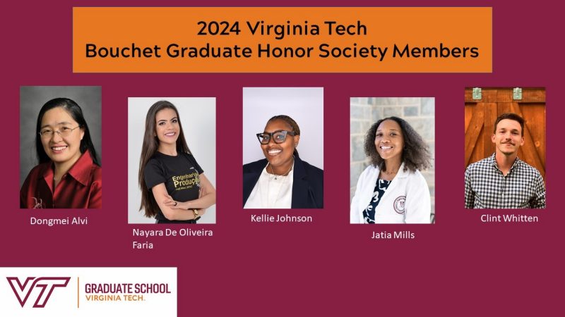 Image shows the 5 Bouchet Scholars for 2024: Dongmei Alvi, Nayala de Oliviera Faria, Kellie Johnson,  Jatia Mills, Clint Whitten