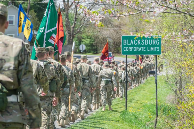 Members of the Class of 2018 march into town near the conclusion of the Caldwell march last spring.