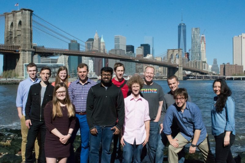 Derick Maggard (fourth from right) leads students on an entrepreneur trek to New York in April 2015. The Brooklyn Bridge is in the background.