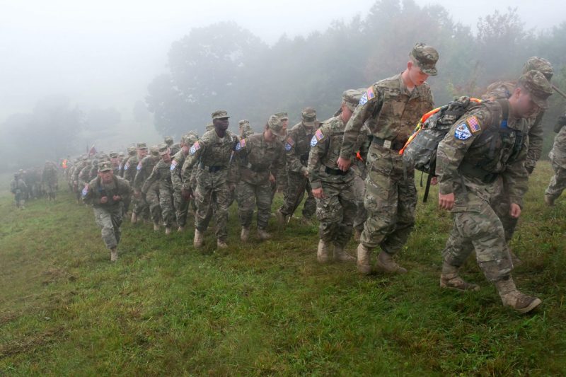 Cadets march up a steep hill during the Fall Caldwell March.