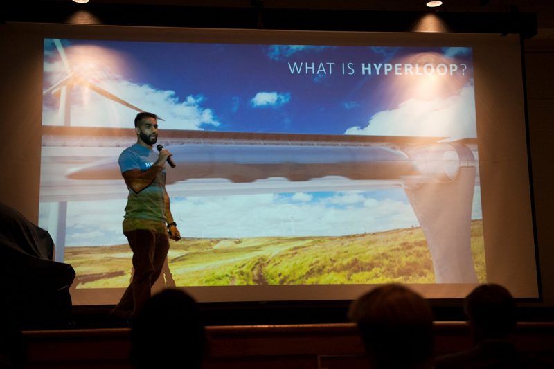 Shayan Malik, a senior majoring in mechanical engineering from Leesburg, Virginia, explains the Hyperloop project.