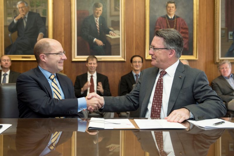Photograph of Lockheed Martin Senior Vice President, Corporate Engineering, Technology, and Operations Rod Makoske and Virginia Tech President Tim Sands