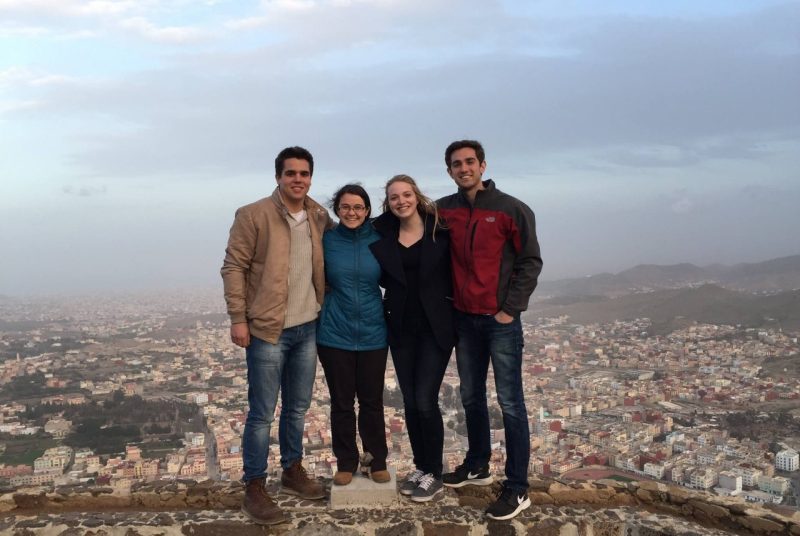 from left: Grey Weissend and fellow Virginia Tech students Maria Jernigan, Abby Wilson, and Garret Prisinzano pose on a mountain top in Nador, Morocco..