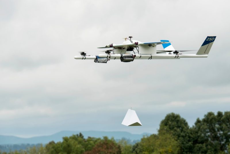 Photograph of a drone delivery test flight at Virginia Tech.