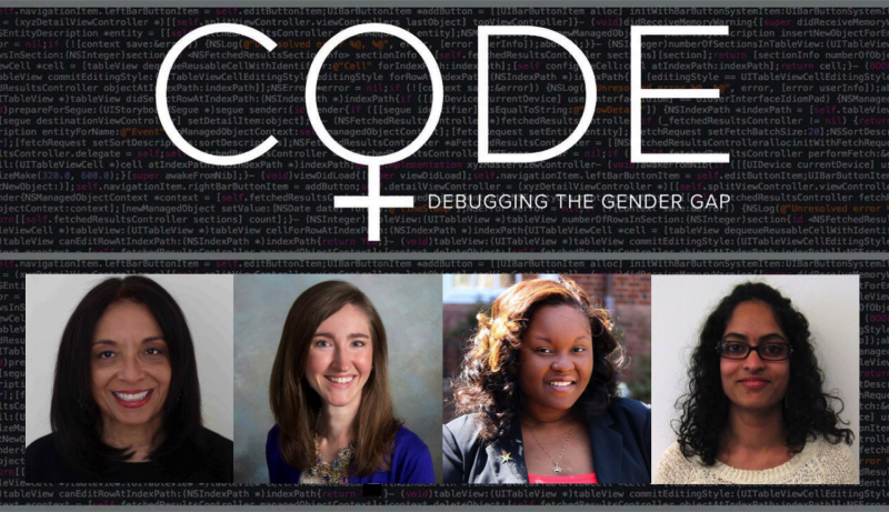 An image of the "CODE: Debugging the Gender Gap" logo with portraits of the four panelists beneath
