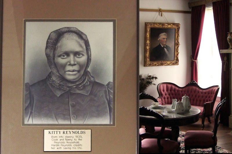 Portrait of Kitty Reynolds on left, image of parlor with table, chairs, and portrait of Hardin Reynolds on the right.