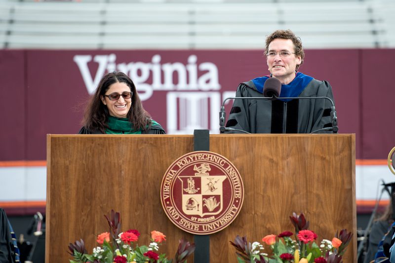 Mona Hanna-Attisha and Marc Edwards speak at the 2016 spring commencement. 