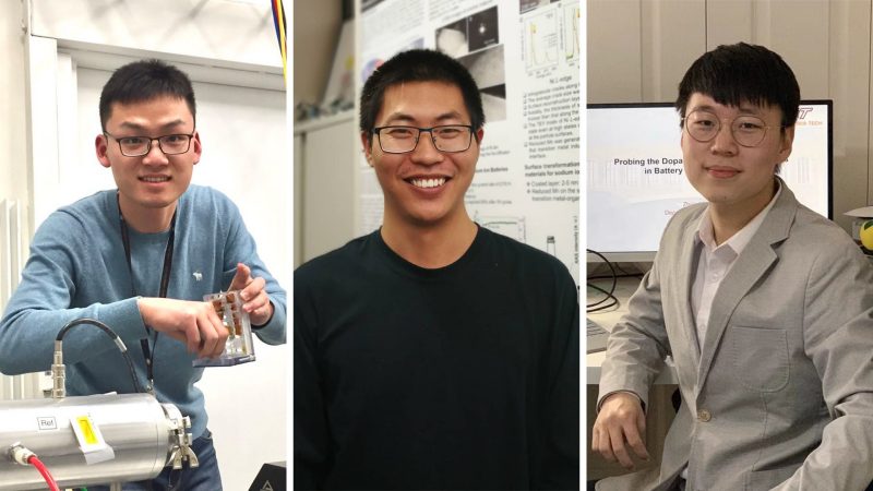Left to right, co-authors Zhengrui Xu, Chunguang Kuai, and Zhijie Yang, members of the Feng Lin Lab pose for photographs taken prior to the COVID-19 pandemic.