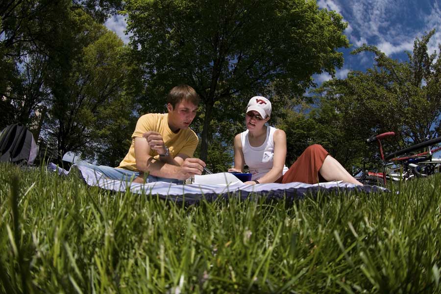 Students study on the Drillfield.
