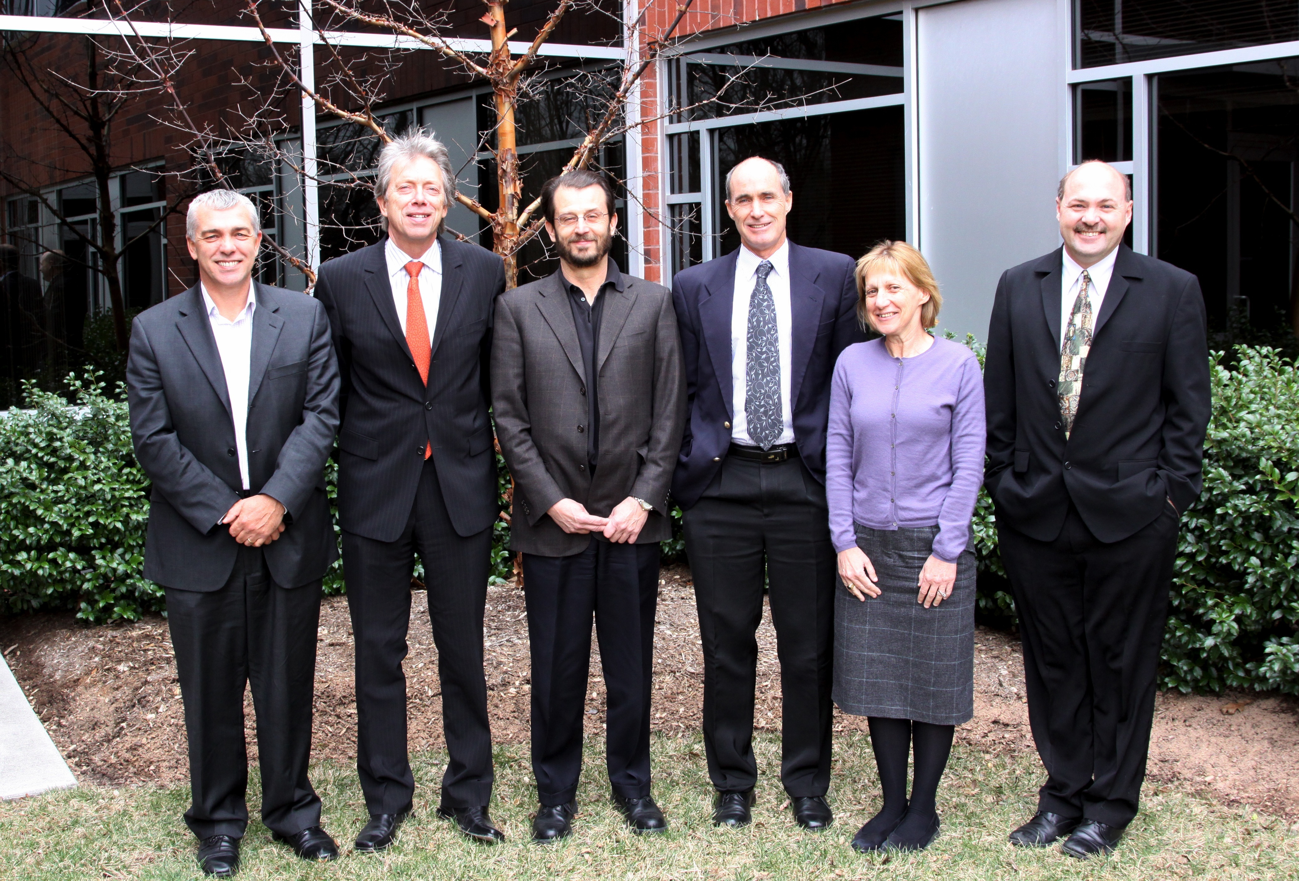 Left to right: University of Wollongong Vice-Principal of Administration Chris Grange, Virginia Bioinformatics Institute Interim Director Paul Knox, Virginia Bioinformatics Institute's Network Dynamics and Simulation Science Laboratory Director Chris Barrett, University of Wollongong Dean of Engineering Chris Cook, University of Wollongong Vice-Principal of Research and Professor Judy Raper, and University of Wollongong Head of the School of Mathematics and Applied Statistics and Professor Tim March