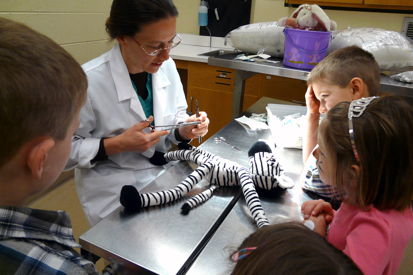 Doctor of veterinary medicine student (second from left) helps "surgically repair" a child's stuffed animal as children look on.