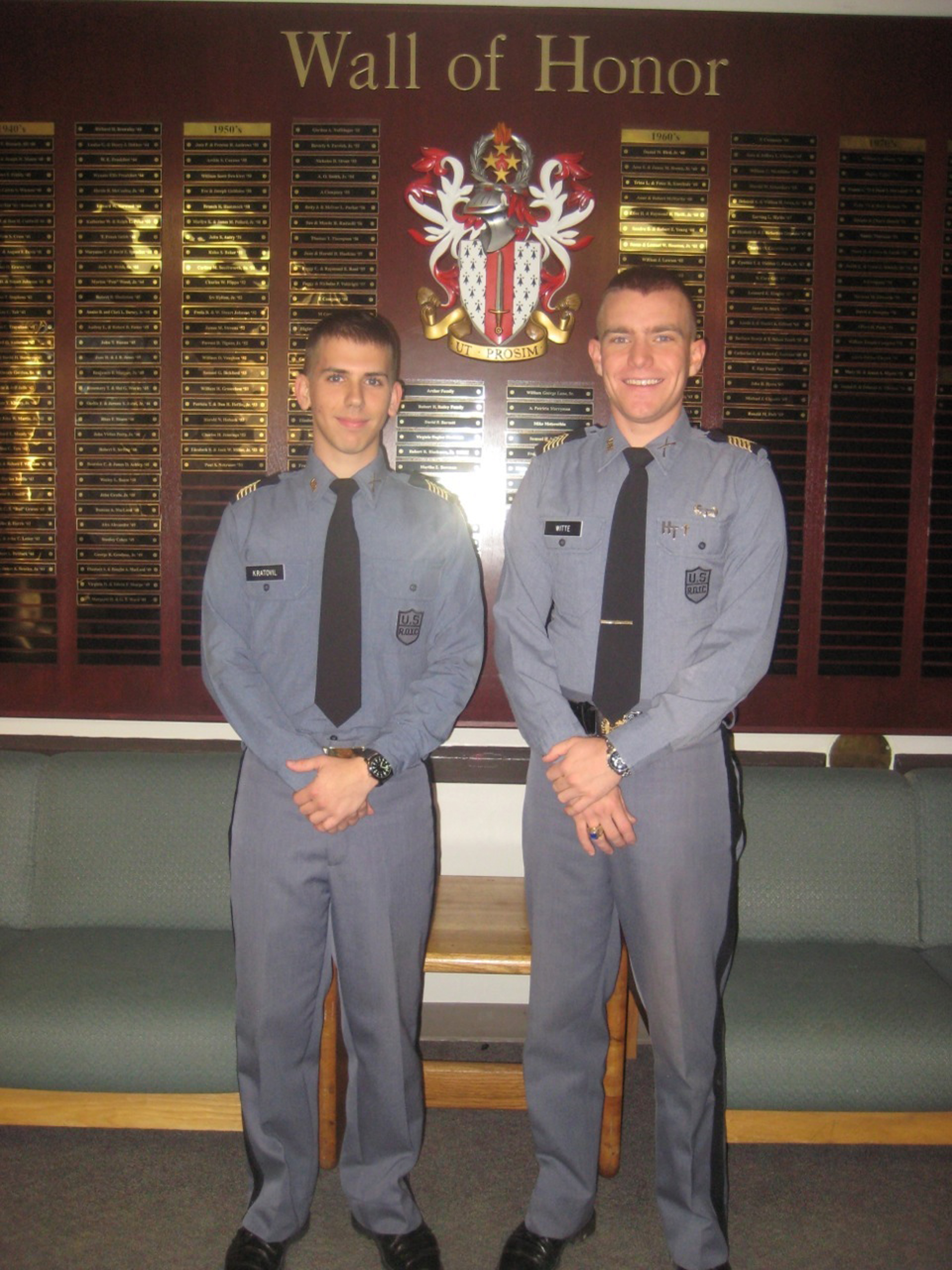From left to right, Cadet Thomas Kratovil of Greensburg, Pa., a freshman majoring in general engineering in the College of Engineering had the opportunity to shadow the Band Commander, Cadet Maj. John Witte of Charlotte, N.C., a senior majoring in mechanical engineering in the College of Engineering as part of the Virginia Tech Corps of Cadets Shadow Day.