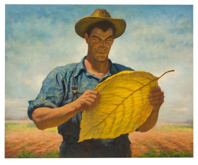 James Chapin oil painting showing young man and tobacco leaf.