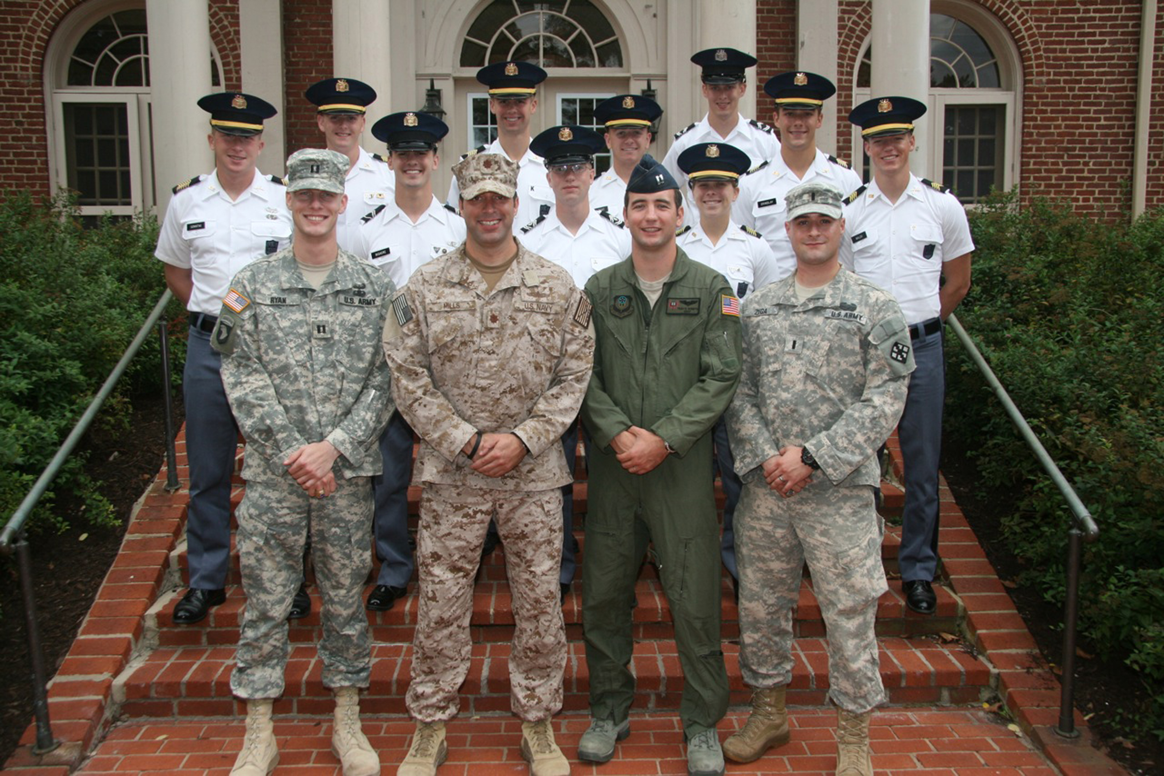 U.S. Army, U.S. Navy, and U.S. Air Force combat veterans with members of the Virginia Tech Corps of Cadets who spoke at the Fall 2011 Gunfighter Panel