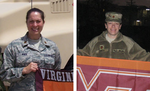 From left to right are Maj. Lisa Wnek, Hawaii Air National Guard and Lt. Cmdr. Jennifer Zuniga, U.S. Navy Reserves, both members of the Virginia Tech Corps of Cadets Class of 1999