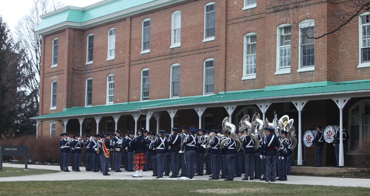 The Regimental Band, the Highty-Tighties, perform in front of Lane Hall during a recent retreat ceremony.