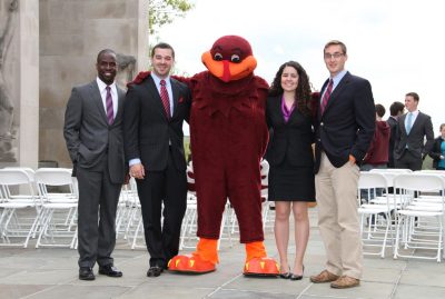 The 2013-14 Student Government Association officers pose with the HokieBird; (from left to right) Bryan Mitchell, Brent Ashley, Anjelica Smith, and Andrew Higgins.