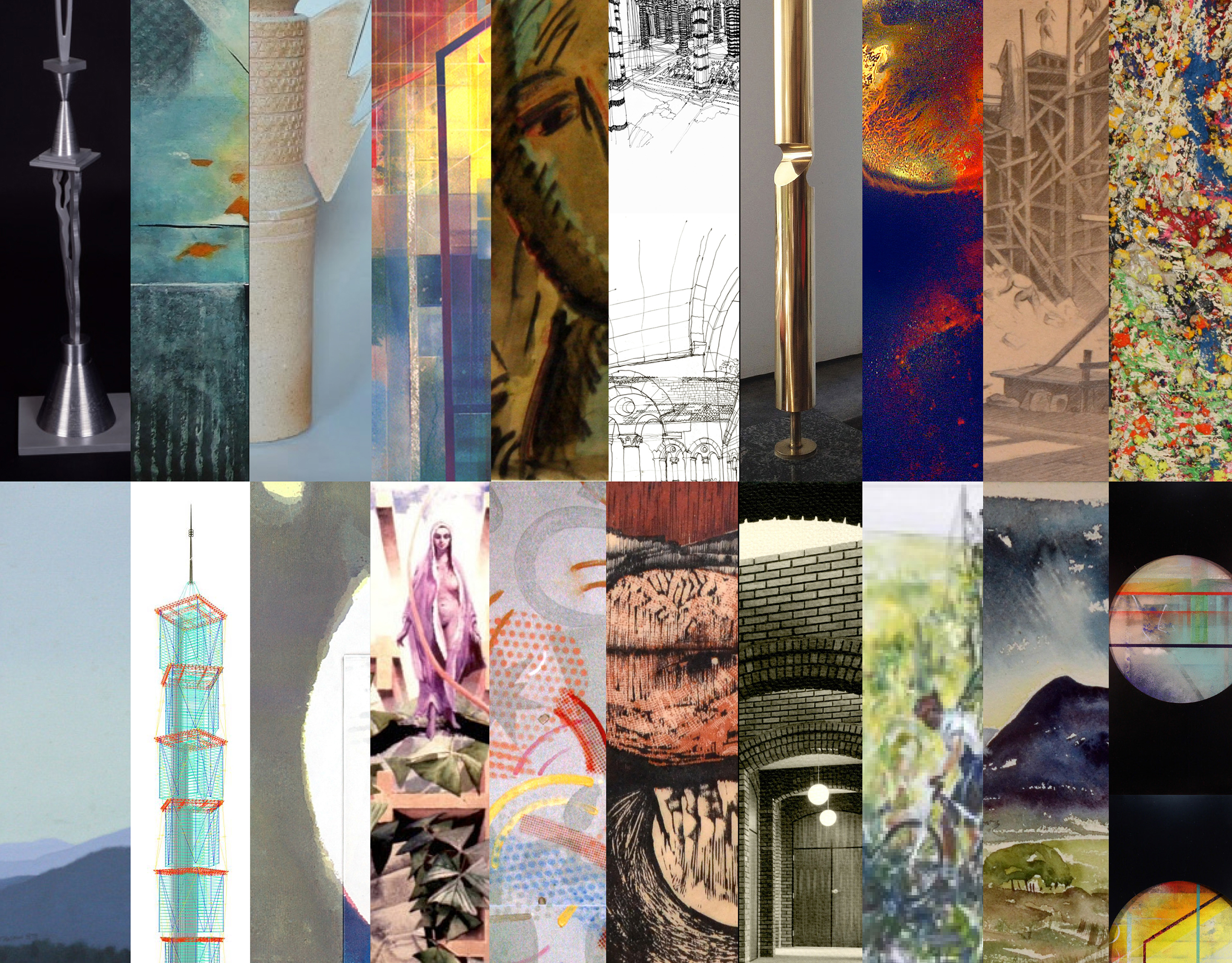 Vertical strips of art images in a collage.