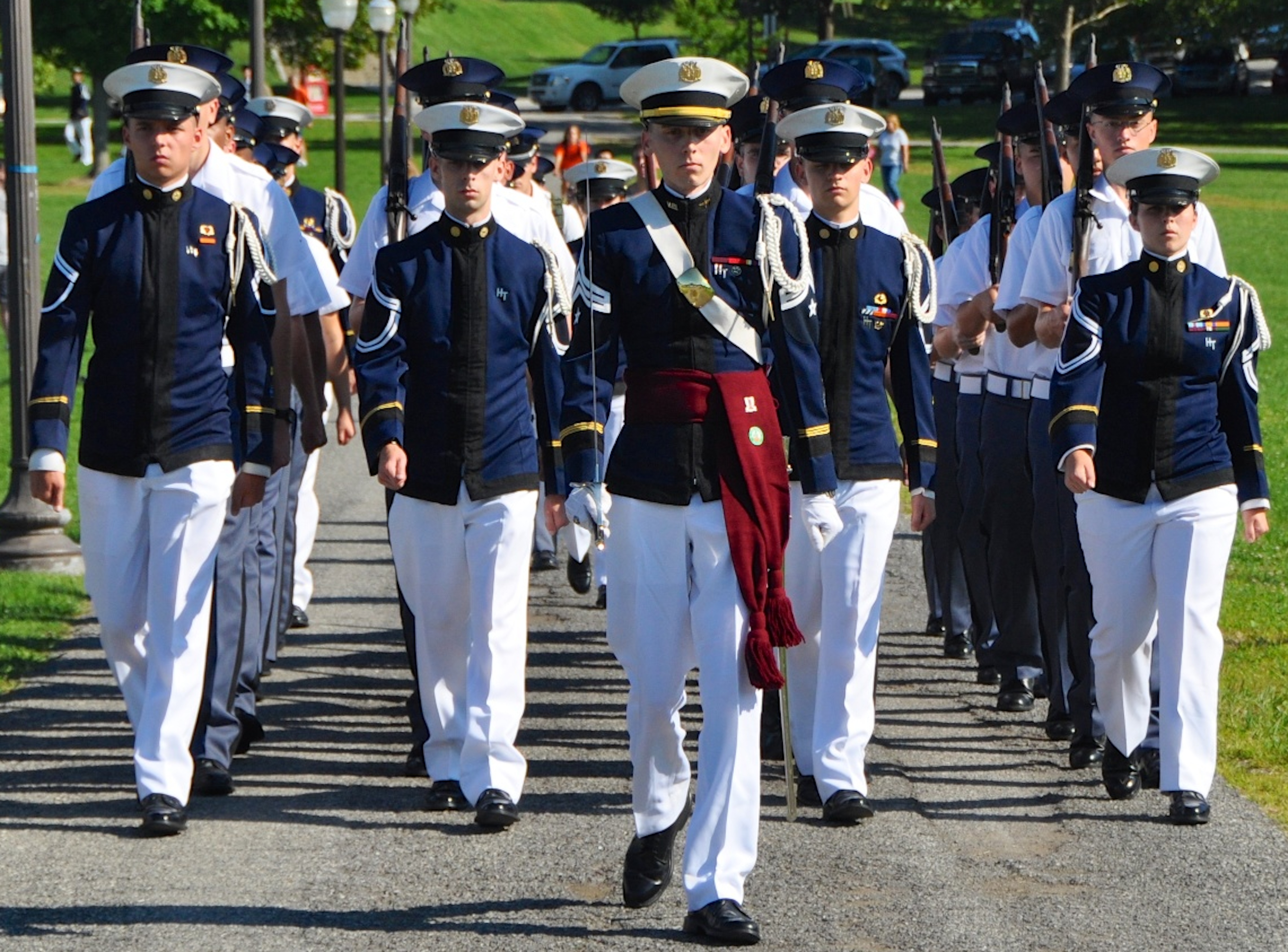 Upperclass cadre lead the newest members of the Corps of Cadets onto the Drillfield for their first parade.