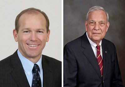 Photograph of Virginia Tech 2015 Alumni Distinguished Service Award recipients David Calhoun and Harold “Hal” W. Schneikert Jr.