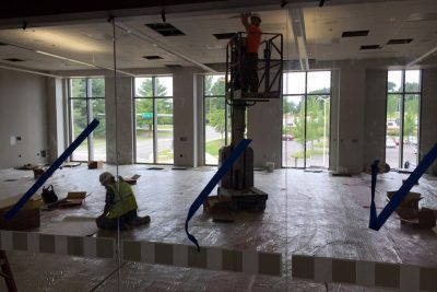 Here's a look into one of the classroom spaces, viewed through a glass corridor wall.