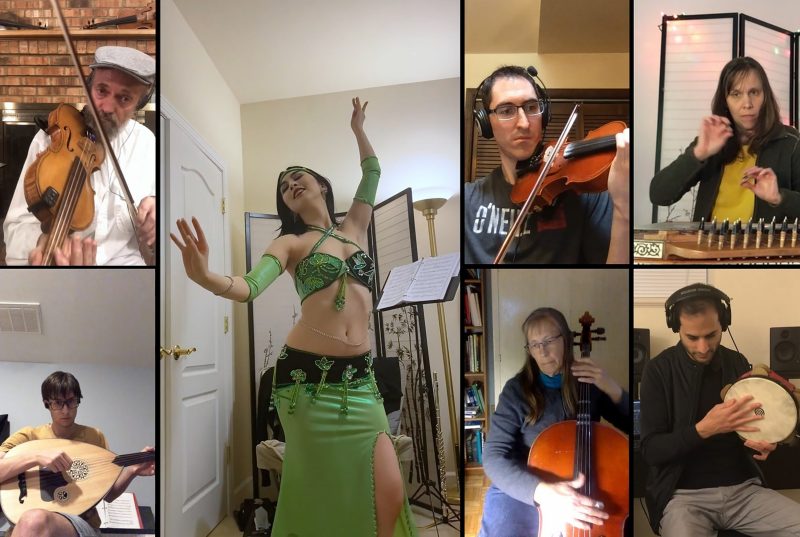 Members of Arabic music ensemble Itraab perform together. This photo is a compilation of images of seven of the members playing their instruments and one member dancing.