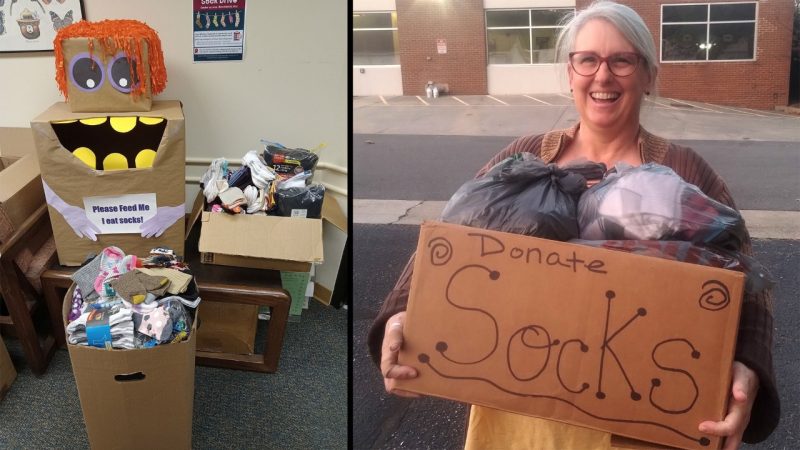 At left, a photo of a paper "sock monster" used to collect donated socks. At right, a woman holding a box that reads, "Donate socks."