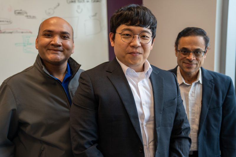 Ph.D. student scholarship recipient Sangwoo Kim (at center) with faculty mentors Anuj Karpatne (at left) and Venkat Sridhar (at right).