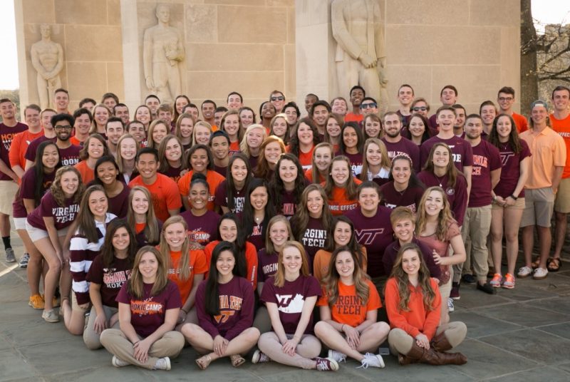 All Hokie Camp counselors pose for a picture in front of the pylons.