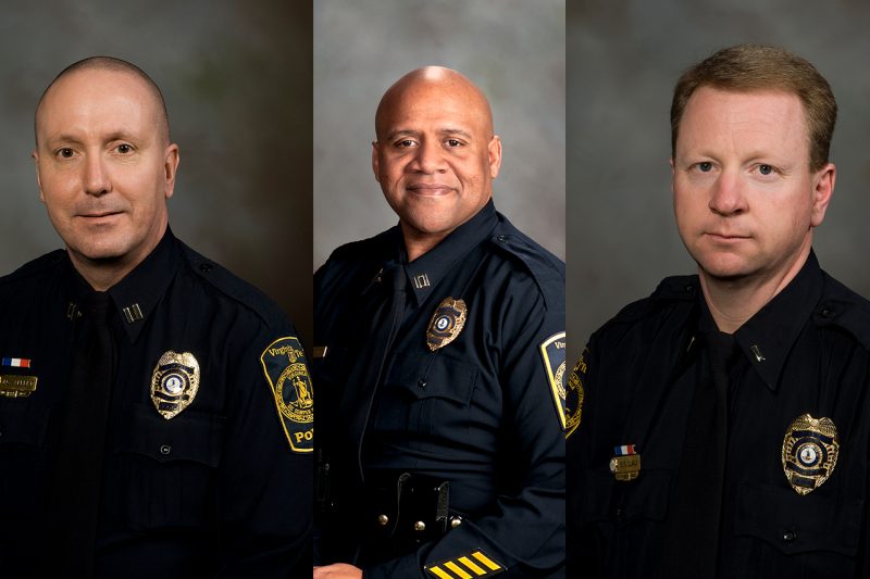 From left: Captain Joey Albert, Captain Vince Houston, and Lieutenant Scott Lau are retiring from the Police Department with a combined 80 years of service to Virginia Tech.