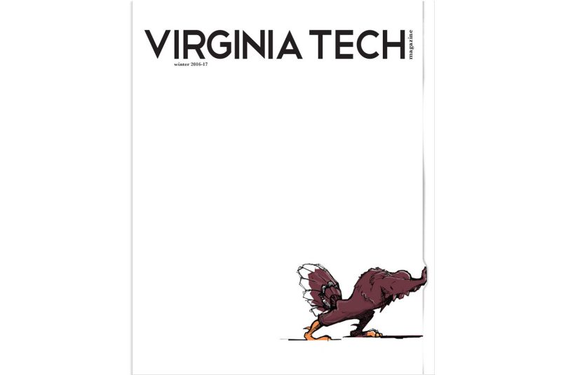 The cover of the latest Virginia Tech Magazine that depicks the HokieBird with a white background, pushing to the right. He's pushing boundaries.