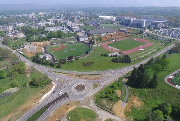 Overview of the new roundabout at the intersection of Southgate Drive and Duck Pond Drive.