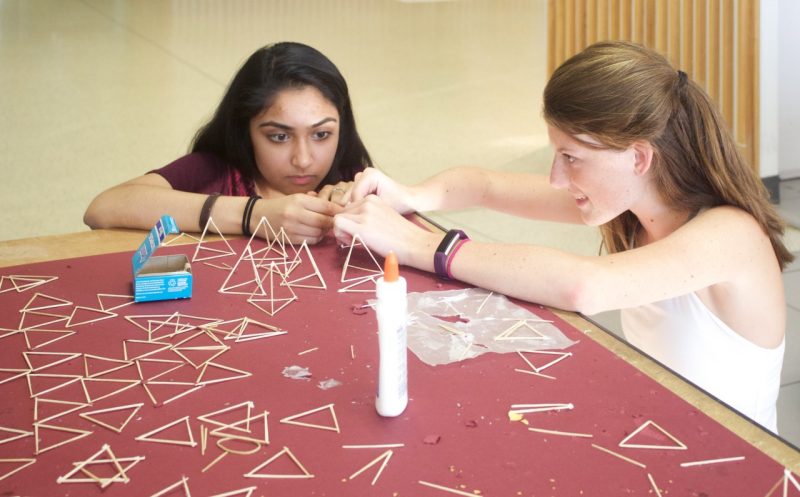 Lauren McGovern and Aagna Patel work on their Brick Challenge structure.