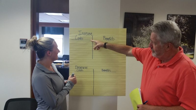 Brittney Aker Litton (left) and Lindsey Barrow (right), middle and high school economics teachers, deepen their understanding of fiscal policy by discussing the costs and benefits of government spending during the Roanoke Economics Institute co-hosted by Virginia Tech’s Center for Economic Education.
