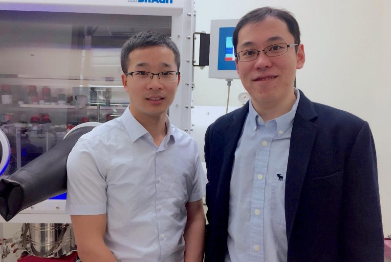 Quanyou Feng and Rong Tong smile for a posed photo in a lab setting.
