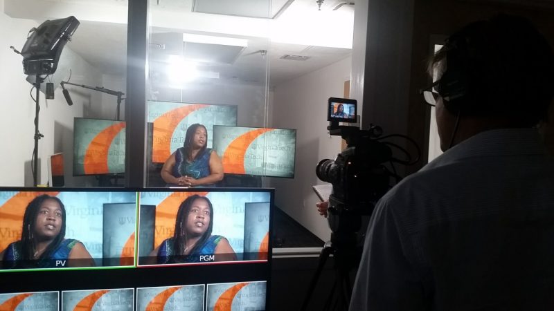 Brandy Faulkner is interviewed in the Virginia Tech Media Relations Broadcast Studio.
