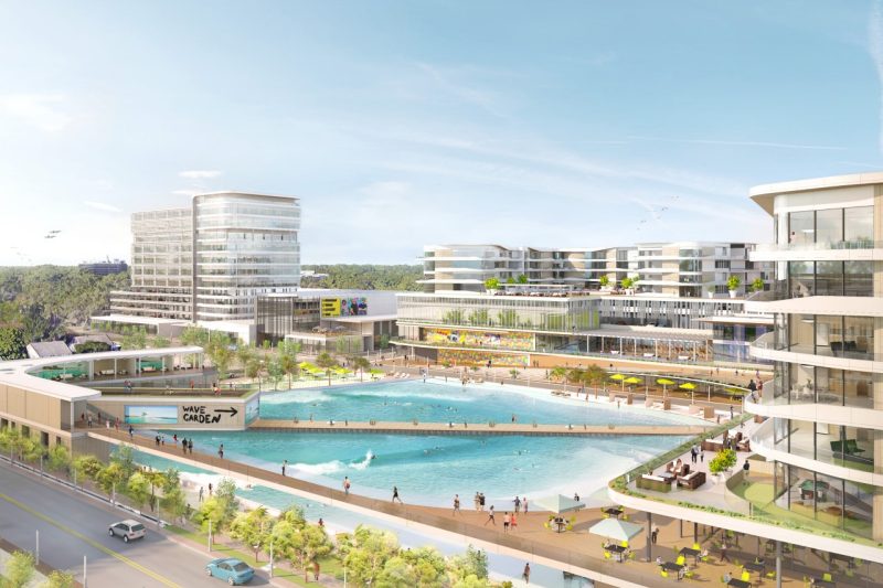 A rendering of The Wave, a 10-acre mixed-use development planned for Virginia Beach which blends retail, housing, entertainment all surrounding a surf park. 