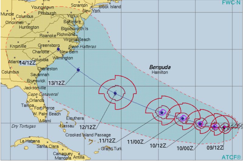 Projected track of Florence as of Sunday, Sept. 9. Photo via the .U.S. Naval Research Laboratory.