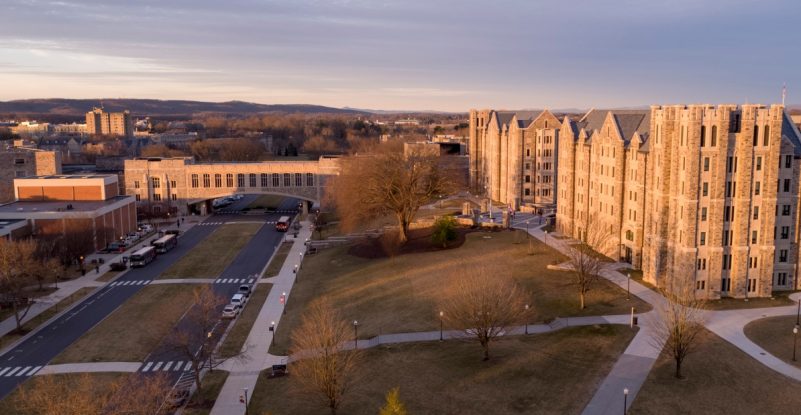 Aerial view of Blacksburg campus in the morning