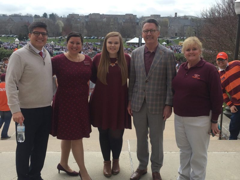 Undergraduate Admissions team, from left, Juan Espinoza, director; Danette Gomez Beane, director of recruitment and operations; Katie Seagraves, assistant director and major events coordinator; and Loretta Wilburn, travel and events coordinator, with Timothy Sands, Virginia Tech president.
