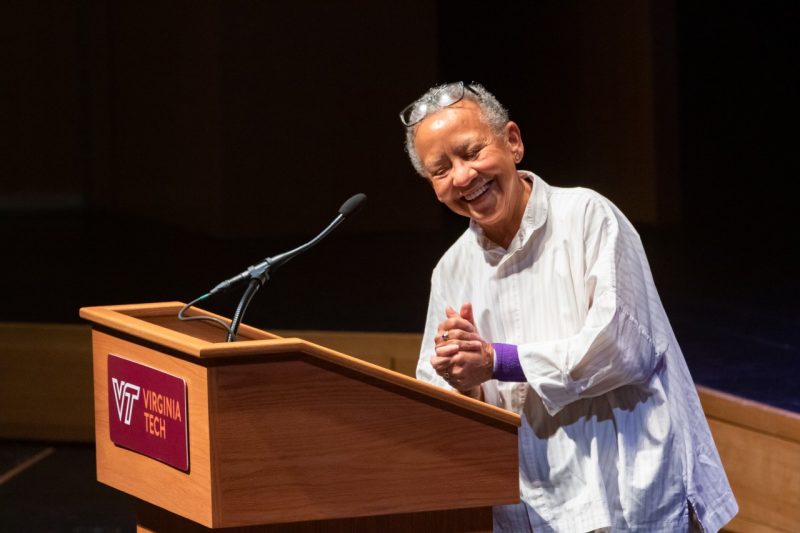 Nikki Giovanni, who has taught at Virginia Tech since 1989, is celebrated for both her poetry and her advocacy. She has received seven NAACP Image Awards, the Langston Hughes Award for Distinguished Contributions to Arts and Letters, the Rosa Parks Women of Courage Award, and the Literary Lifetime Achievement Award from the Library of Virginia.