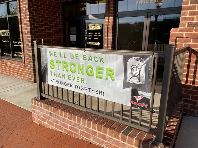 image of sign that says: We will be be back stronger than ever 