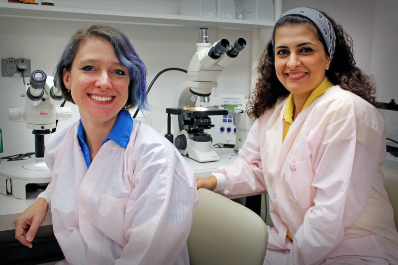 Michelle Anderson (left), a former member of the Tu lab and currently a senior research scientist at the Pirbright Institute in the United Kingdom, and Azadeh Aryan (right) in the insectary. Photo courtesy of Alex Crookshanks.