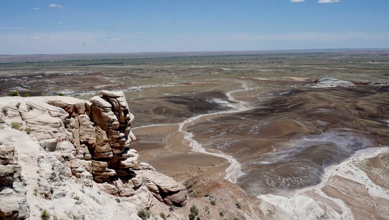 According to paleontologists, Petrified Forest National Park is a great place to find fossils from the beginning of the Age of Dinosaurs, circa 220 million years ago. In this area, rocks that were once deposited by rivers and lakes are exposed and within them, one can find a rich diversity of life. In this image, taken from a high angle on a bright day, the park can be seen stretching for miles. Photo courtesy of Brenen Wynd.