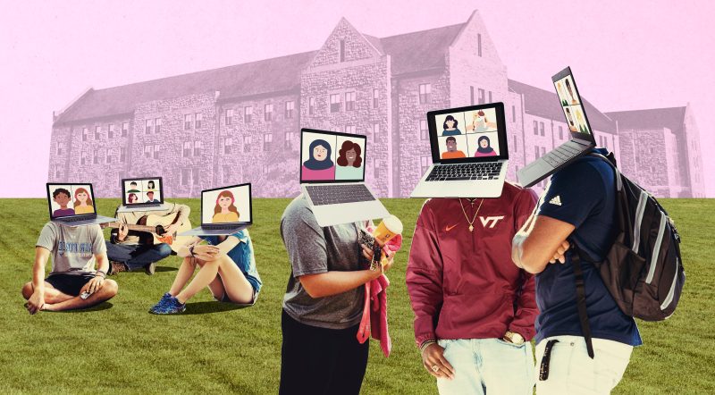 photo illustration of students on campus with computers photoshopped on their heads