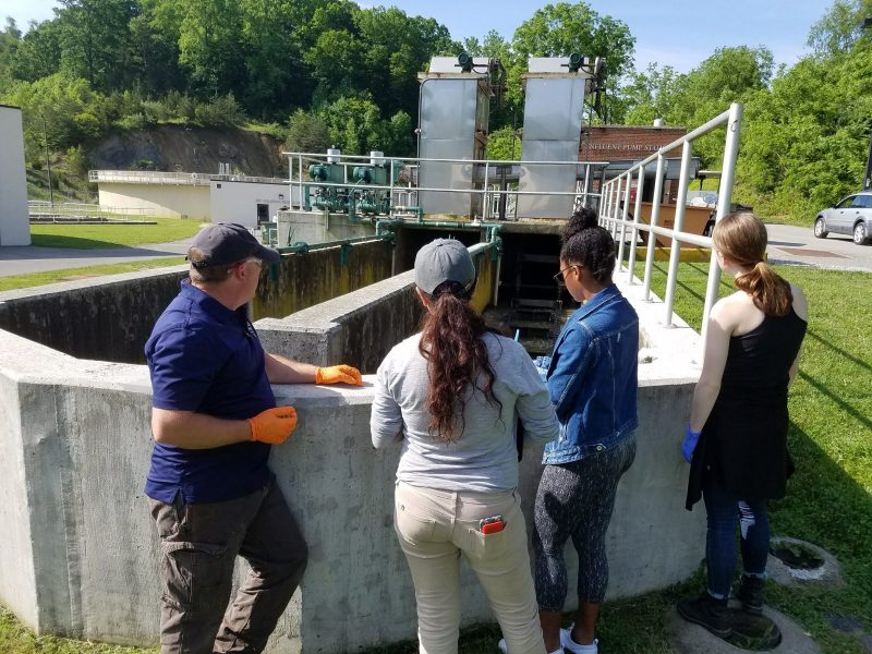 Virginia Tech graduate and undergraduate students work with wastewater treatment plant employees to collect samples.