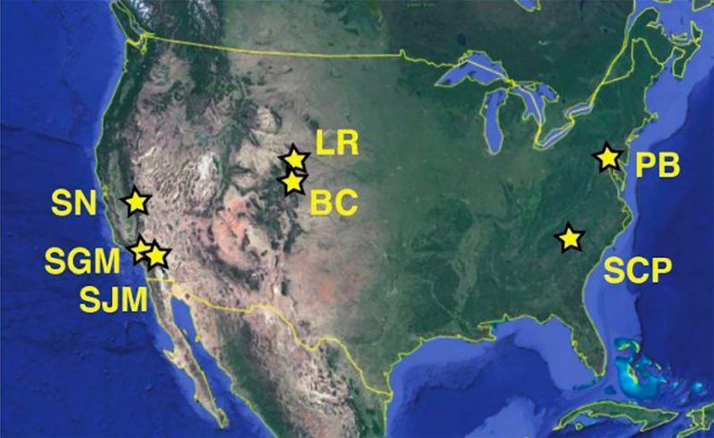 In this illustration of the continental United States, the field sites in Professor Steve Holbrook’s study are marked with stars at the following locations: Pond Branch, Maryland, a suburb of Baltimore; Clinton, South Carolina; Laramie Range, Wyoming; Boulder Creek, Colorado; and the Southern Sierra Nevada, the San Jacinto Mountains, and San Gabriel Mountains, all in California.