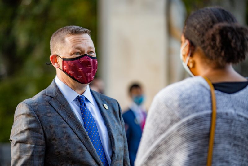 Frank Shushok is seen in a Virginia Tech-patterned mask